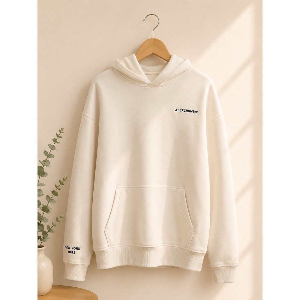 Abercrombie Kids Relaxed Fit Hoodie Cream Off-White Logo Sweatshirt Size 11/12